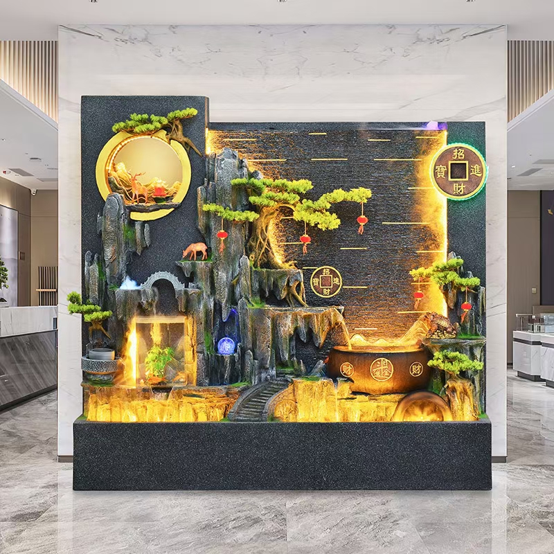 大型假山流水喷泉别墅花园庭院阳台鱼池水景装饰水幕墙屏风摆件