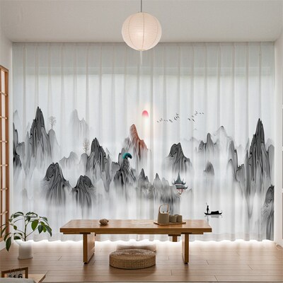 山水画帘透光透纱帘新中景客厅办公室阳台挂帘