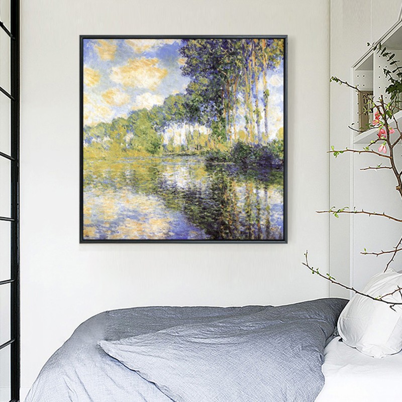 沿着河的白杨树 莫奈油画挂画壁画玄关画电箱装饰画无框画