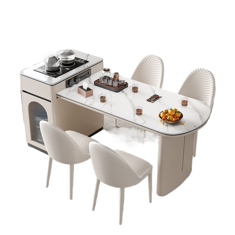 奶油风岛台加餐桌一体岩板导台现代小户型家用饭桌伸缩岛台