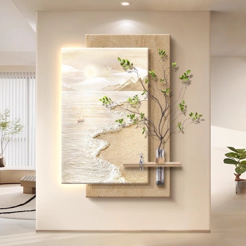 海景玄关侘寂风装饰画带灯水培绿植客厅走廊过道壁画20新款挂画