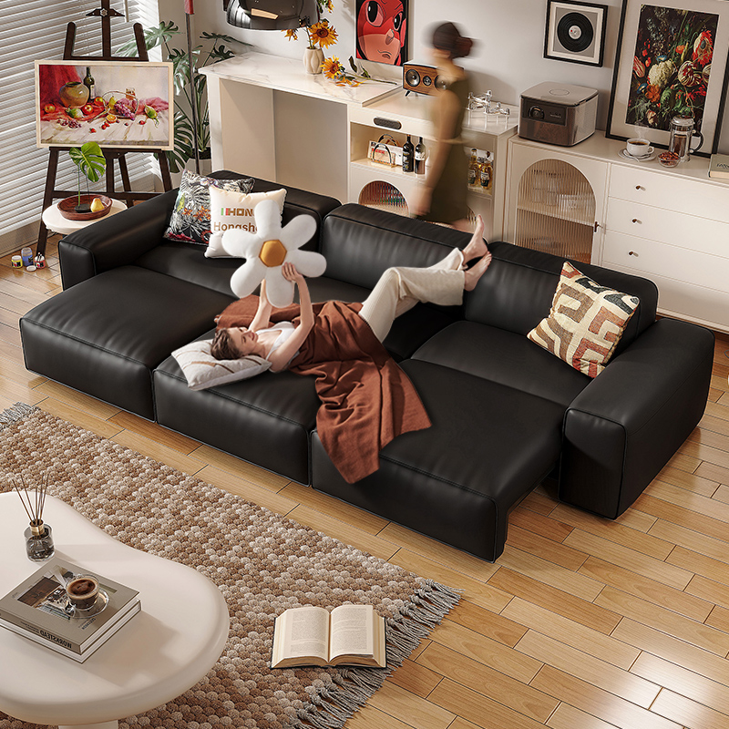 红晟真皮电动沙发可伸缩零靠墙意式复古客厅小户型头层牛皮沙发床