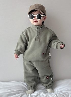 婴儿衣服秋冬装男女宝宝加厚卫衣套装儿童韩版加绒长裤两件套冬天