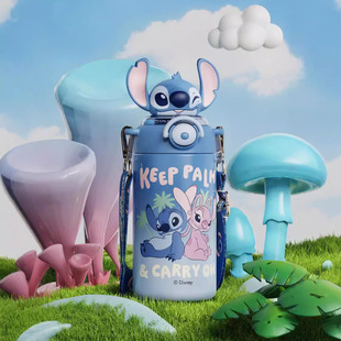 史迪仔儿童保温杯卡通便携不锈钢水壶学生可爱背带水杯吸管弹跳杯