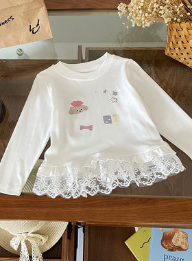 【现货】QY252102女童长袖2025秋季新款蕾丝拼接洋气圆领上衣