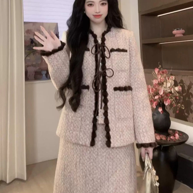 DD【糖渍玫瑰】羽绒套装女显瘦气质羊毛呢两件套小香冬季加厚鸭绒