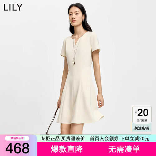 LILY2026夏新款女装简约纯色圆领V领收腰休闲通勤修身短袖连衣裙
