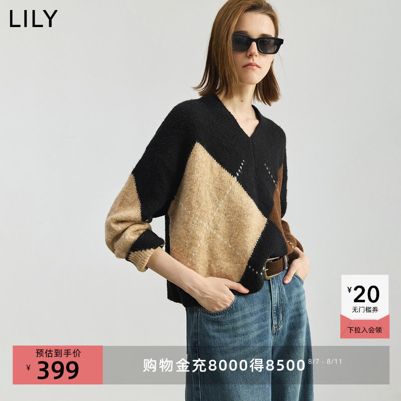 LILY2025秋新款女装含羊毛复古学院风几何撞色提花V领针织衫毛衣