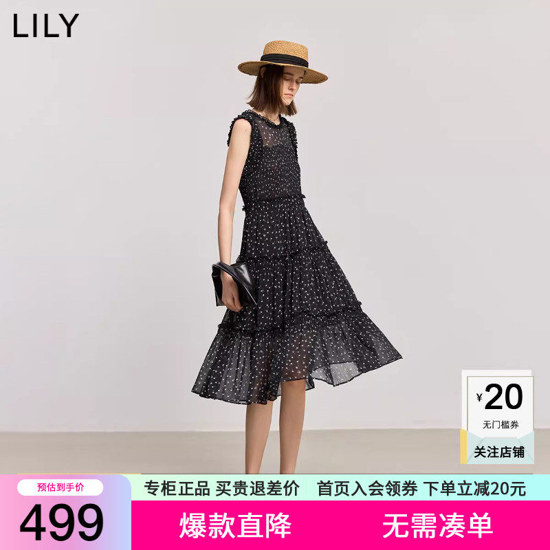 LILY2026夏新款女装法式复古碎花无袖高腰气质通勤黑色连衣裙长裙