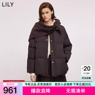 LILY2025冬新款女装含桑蚕丝复古含围巾圆领宽松90鸭绒羽绒服外套