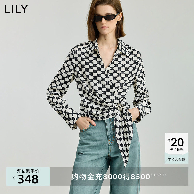 LILY2025秋新款女装复古撞色印花设计感不对称收腰休闲长袖雪纺衫