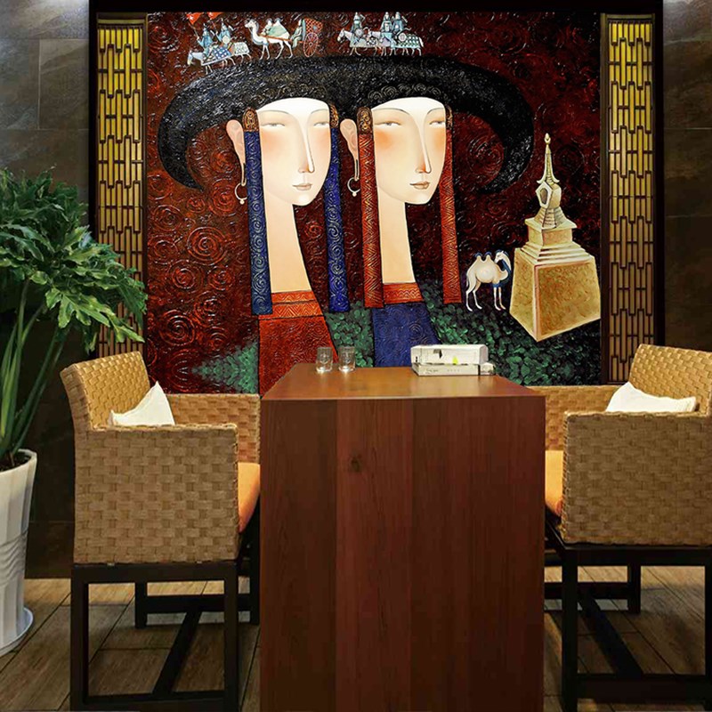 蒙古 壁画蒙餐厅特色装饰画民族风情壁纸蒙餐画酒吧客厅草原墙布图片
