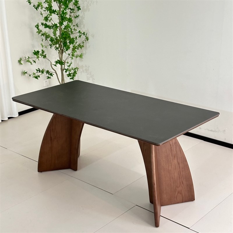 德利丰岩板餐桌中古风白蜡木实木岩板餐桌椅餐厅长方形桌子