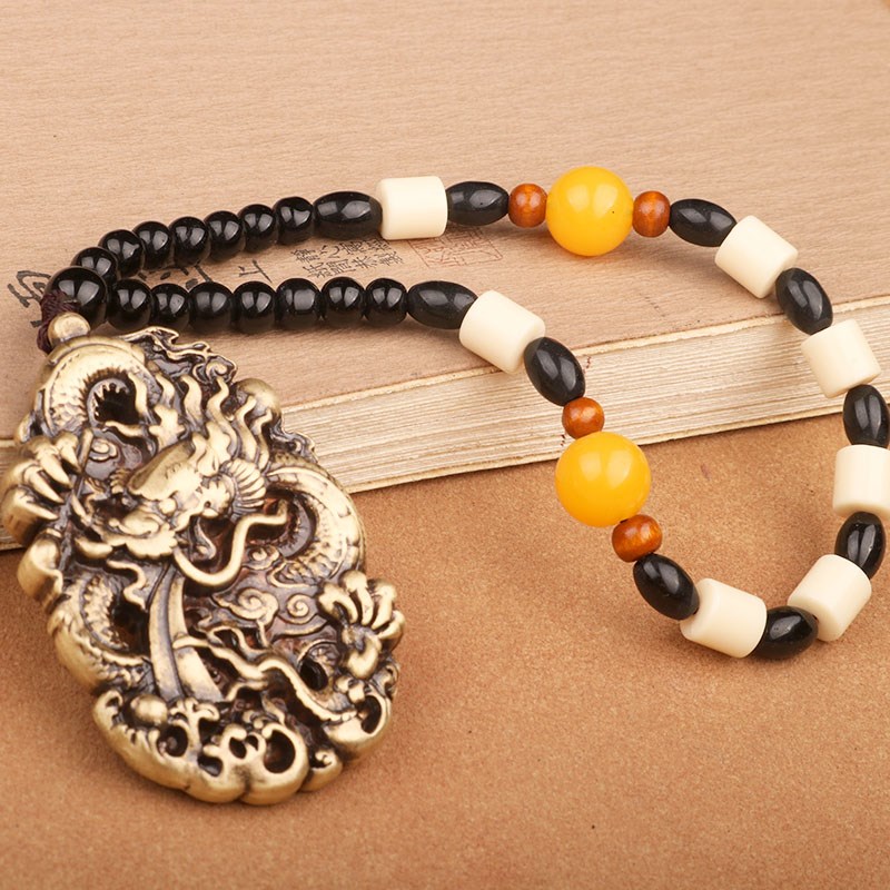 纯黄铜复古做旧生肖龙牌手把件汽车车载车内后视镜摆件小挂件吊坠