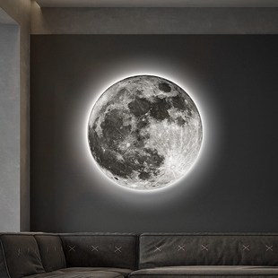 月球客厅背景墙发光画氛围感灯画卧室床头装饰画圆形肌理玄关挂画