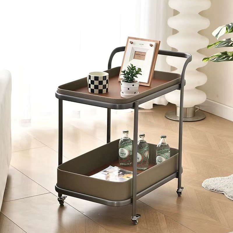 轻奢马鞍皮移动沙发边几小推车茶几客厅钛家用角几床头柜带轮餐车
