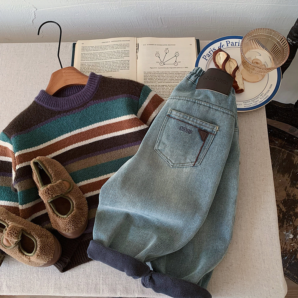 冬季加绒牛仔裤童装男童韩版加厚保暖长裤儿童休闲裤