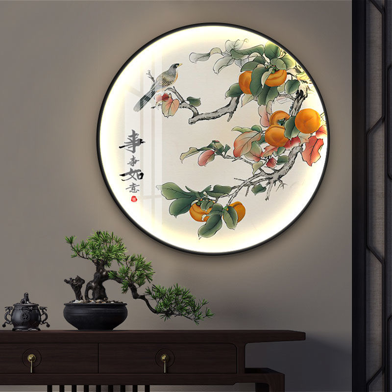 花鸟牡丹圆形灯画饭厅卧室背景墙挂画中式花卉入户玄关茶室装饰画图片