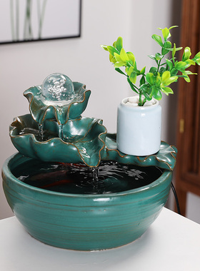 中式陶瓷鱼缸循环大号桌面喷泉家居装饰流水器造景陶罐