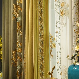 别墅复式茶绿色丝绒布绣档客厅欧式窗帘奢华大气卧室遮光定制