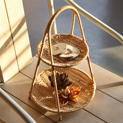 客厅零食水果盘欧式干果盘仿藤编家用零食盘糖果下午茶托盘篮多层