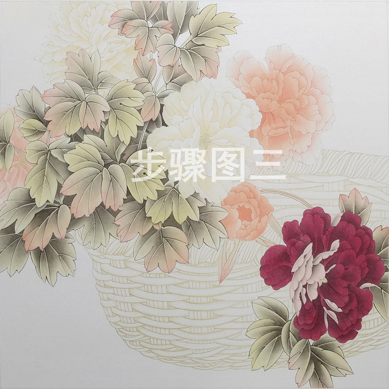 高清素材手勾可上色工笔画白描底稿四尺斗方牡丹花篮线稿花卉线描
