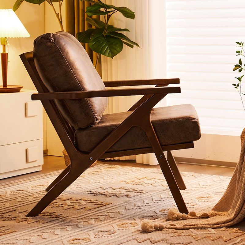 设计师沙发椅油蜡皮木质接待洽谈会客售楼处高级复古单人位靠椅