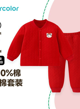 马卡乐儿童新年套装冬季新款夹棉加厚保暖上衣裤子两件套红色冬装