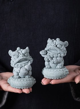 创意东方萌醒狮茶宠摆件可爱系小狮子鱼缸盆栽造景桌面装饰品