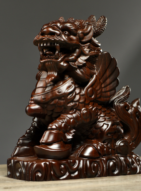 黑檀木雕瑞兽麒麟一对实木质家居客厅电视柜玄关装饰工艺礼品