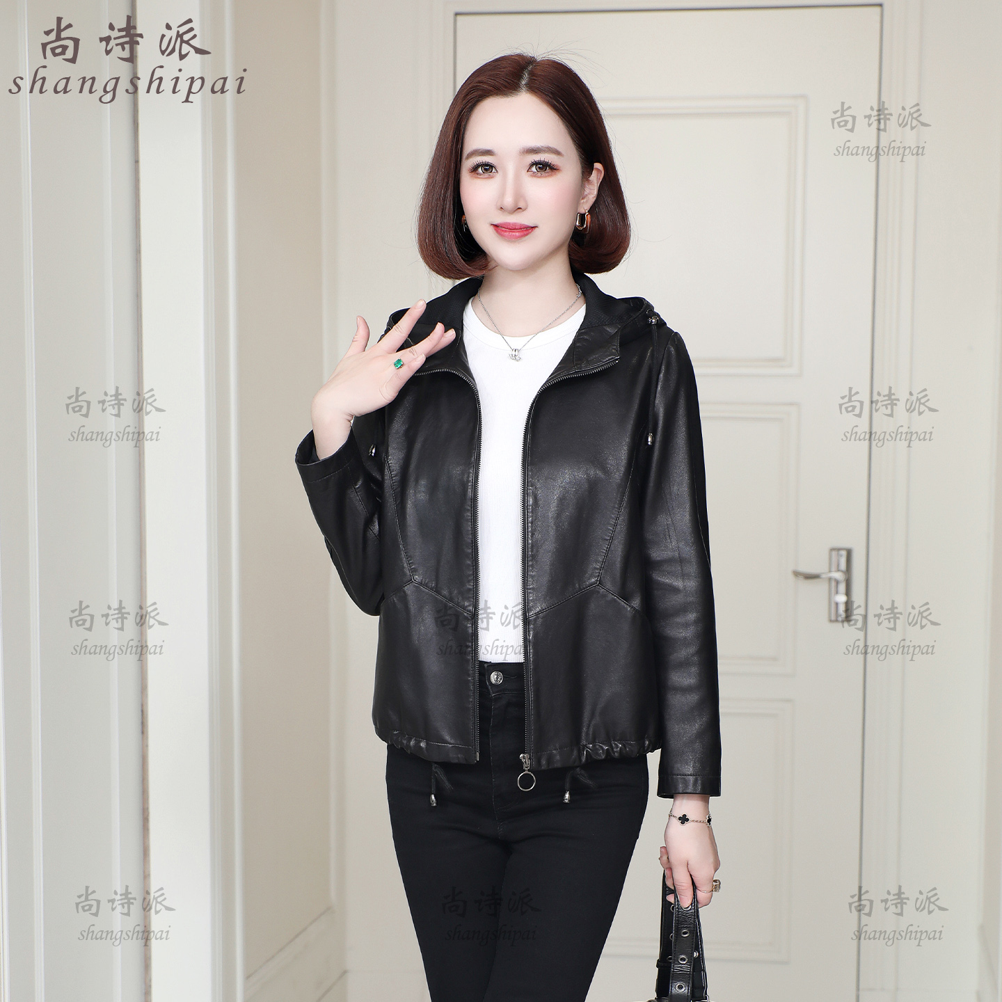 植鞣绵羊皮连帽休闲夹克机车款短