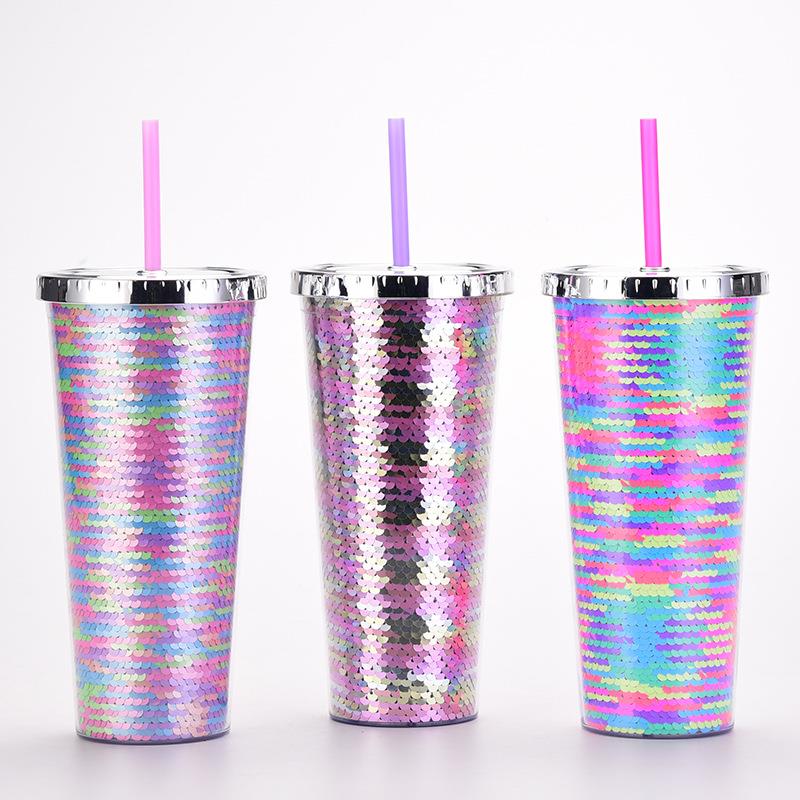 跨境双层塑料杯 外贸logo亮片吸管杯直身杯夏季冷饮水杯可定