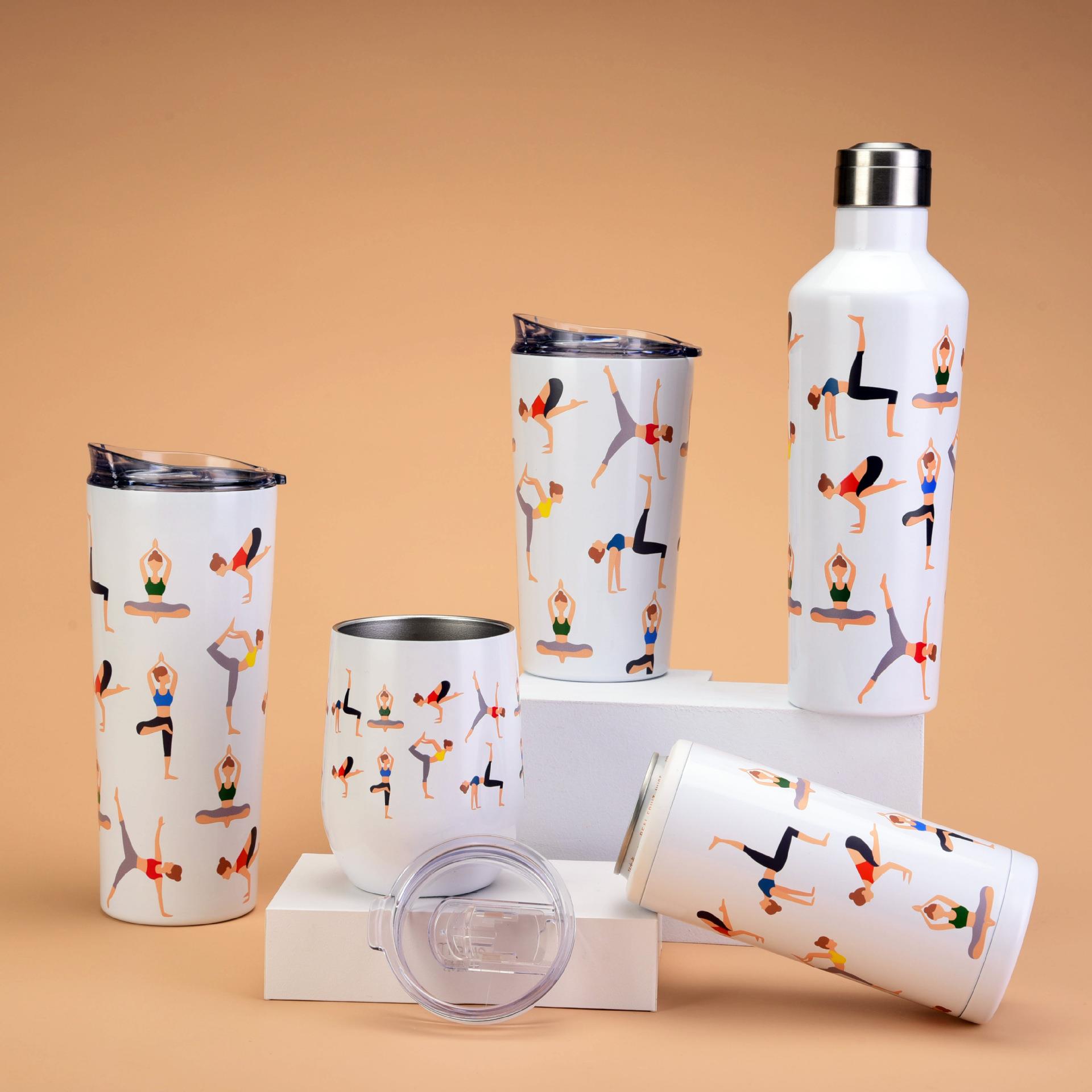 2025新款跨境瑜伽主题水杯女士便携运动保温杯带盖蛋壳杯车载水杯