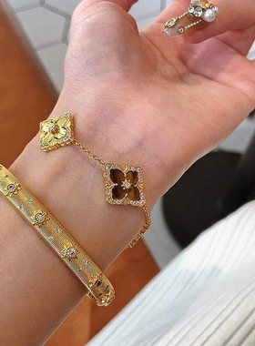 意大利布契拉丝镶钻手镯女 18k百搭轻奢复古帝王绿手镯饰品批发