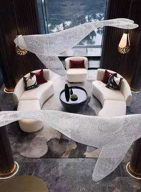 定制不锈钢铁艺镂空鲸鱼海豚雕塑餐厅酒店艺术装置海洋吊饰摆件