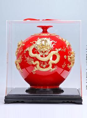 厦门漆线雕中国红陶瓷花瓶三龙聚首工艺品公司开业乔迁送礼品摆件