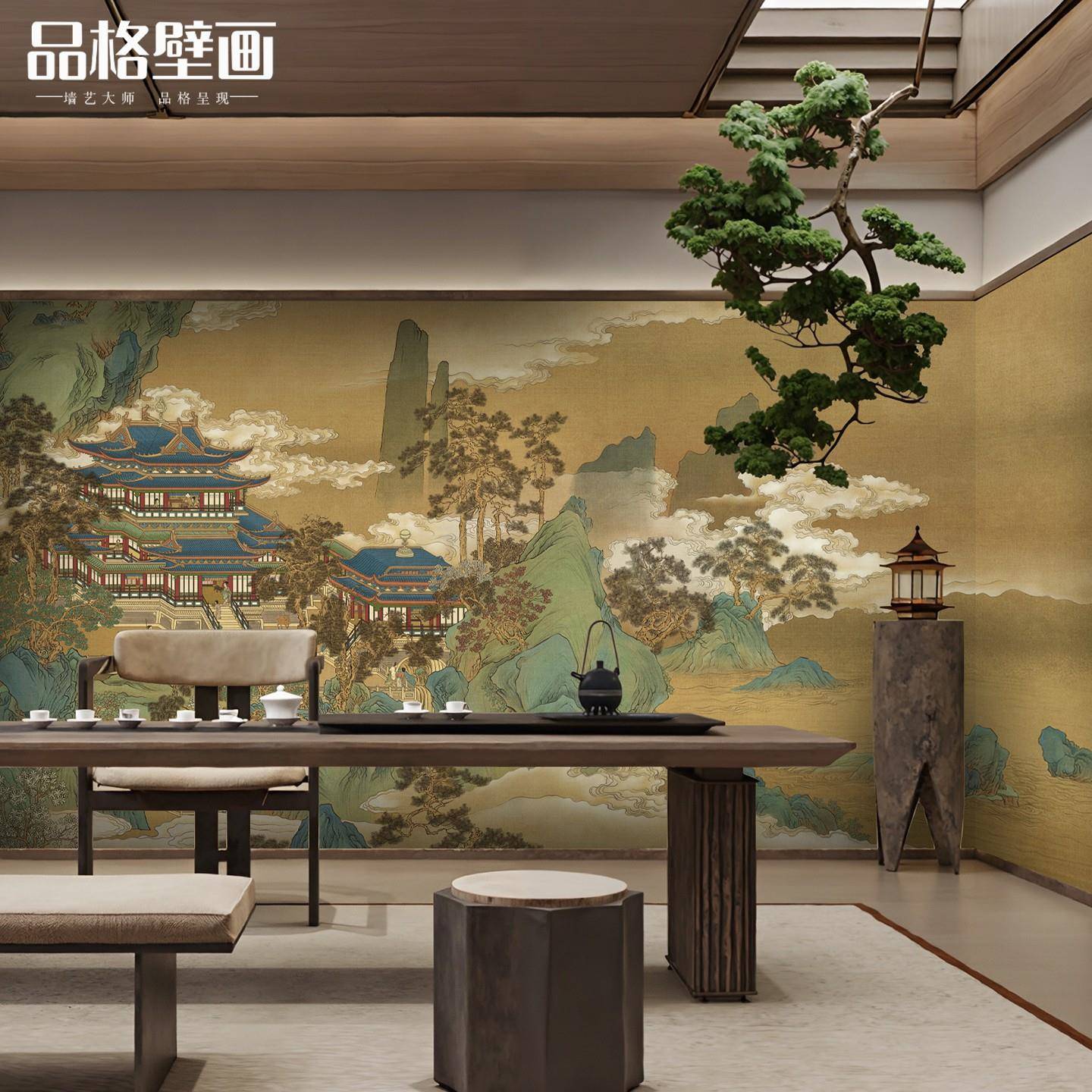 宋代硬包打印画新中式大厅山水阁楼墙纸会所棋牌室茶室包厢壁纸