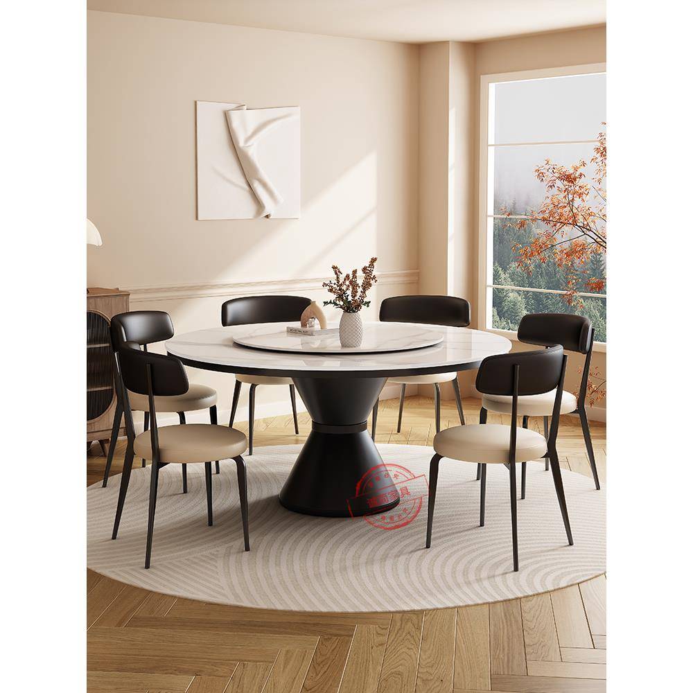 轻型豪华石板餐桌家庭小公寓圆形餐桌古董风格电转盘电磁炉火锅餐