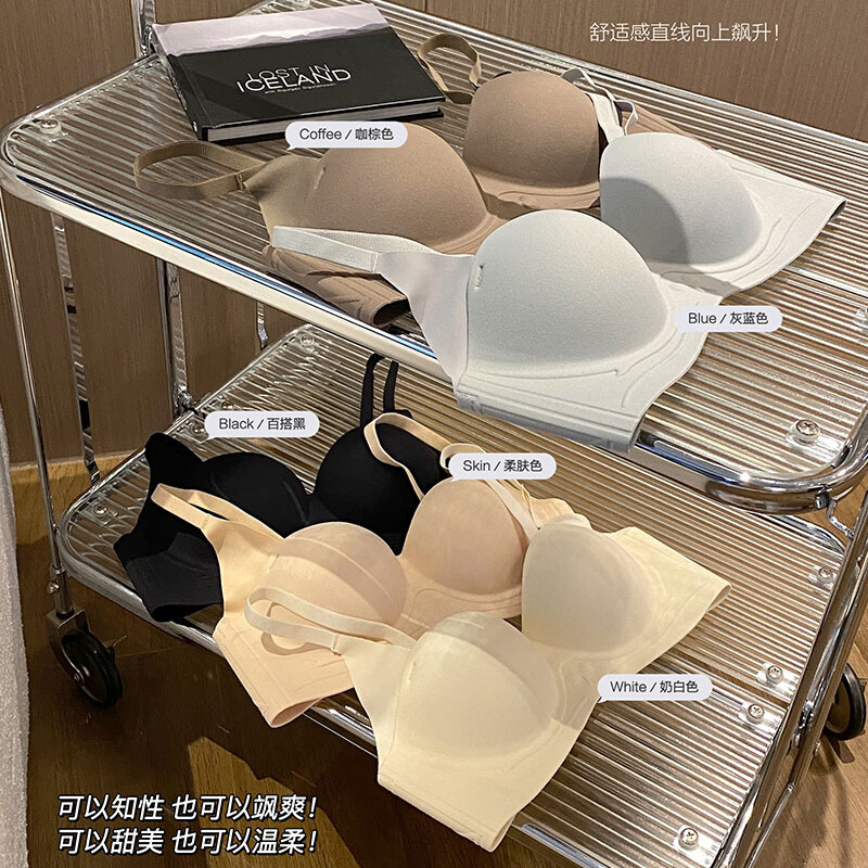 新款软支撑立体半杯内衣女小胸聚拢加厚一片式无痕光面文胸半球杯