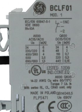 9年老店 GE通用 BCLF01辅助触点接触器顶装1NC常闭触头104701直流