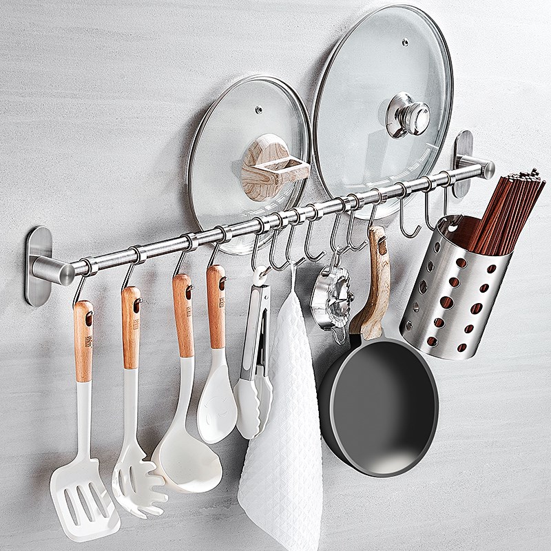 304不锈钢厨房挂钩铲子勺子挂杆长杆排钩置物Q架免打孔壁挂式挂架