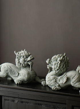 创意飞天貔貅招j财公母一对工艺品摆件新中式家居客厅玄关桌面装