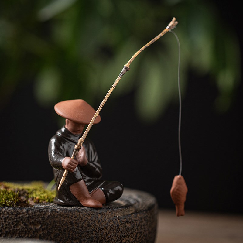 禅意陶瓷江湖故人侠客钓鱼人物线香香道小摆件鱼缸U微景观造景装