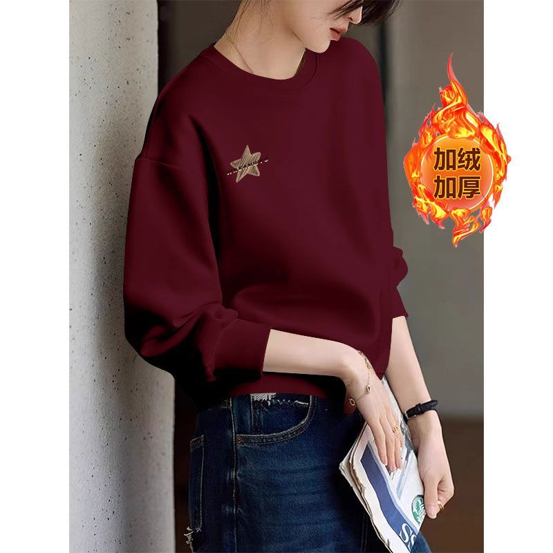 纯棉加绒长袖卫衣女秋冬新款气质简约小个子潮流设计感大码上衣女