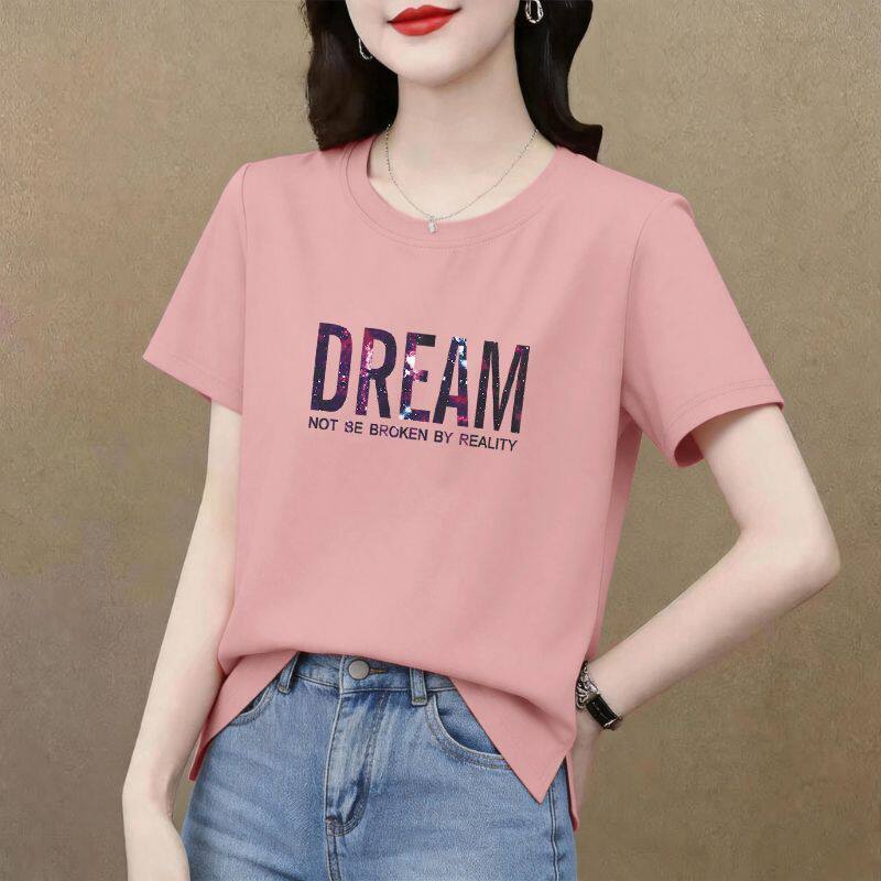 纯棉短袖圆领开叉大码T恤女