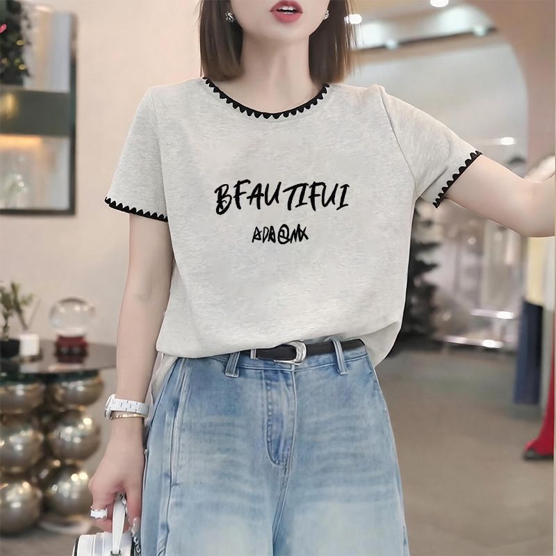 夏季纯棉短袖花边大码女T恤