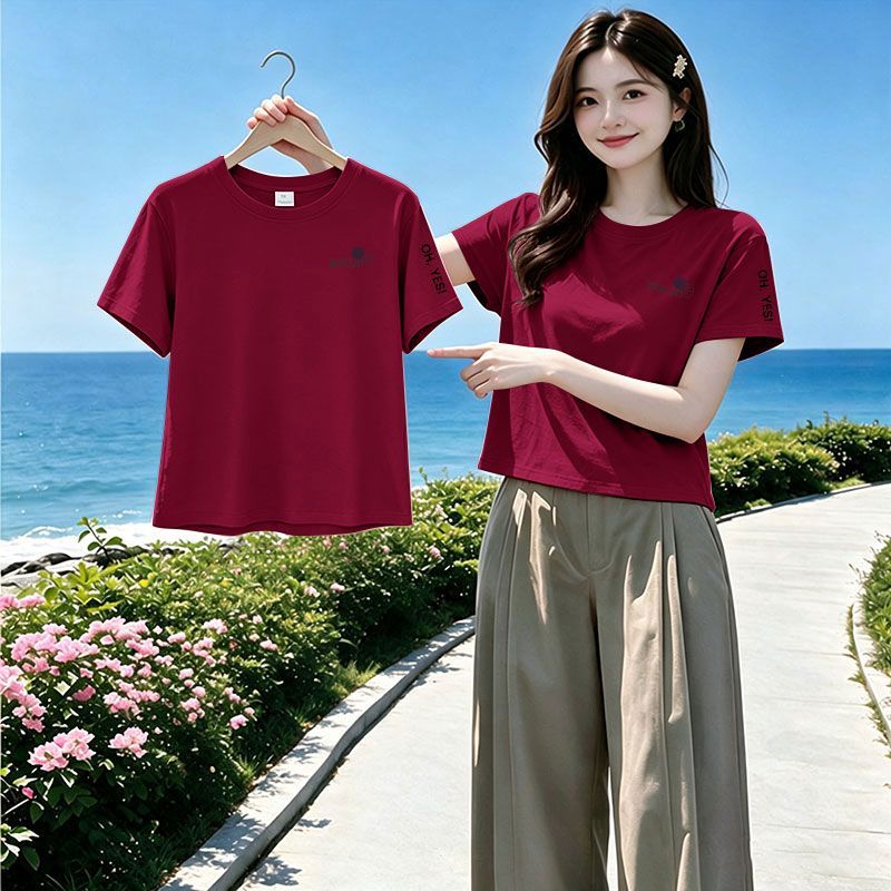 夏季纯棉大码圆领短袖T恤女