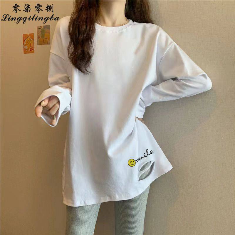 秋冬纯棉破洞打底衫女时尚ins潮流外穿内搭显瘦中长款加绒长袖T恤