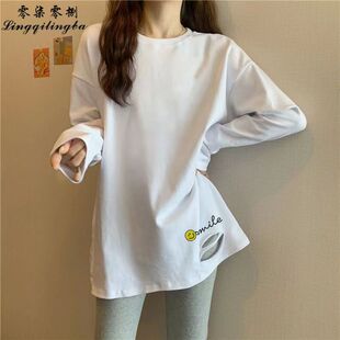 秋冬纯棉破洞打底衫女时尚ins潮流外穿内搭显瘦中长款加绒长袖T恤