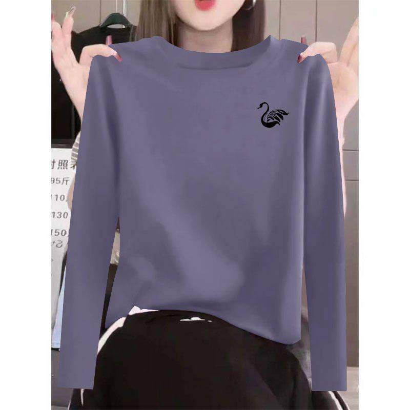纯棉圆领长袖t恤女春秋爆款百搭打底大码休闲设计感简约上衣女ins